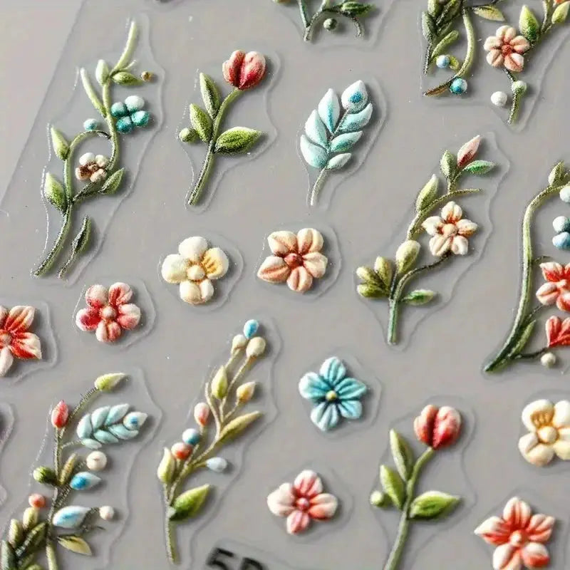 5D Embossed Green Vine Floral Nail Stickers - Matte Finish Self-Adhesive Nail Art Decals with Cartoon-Style Flowers from PriceLows™