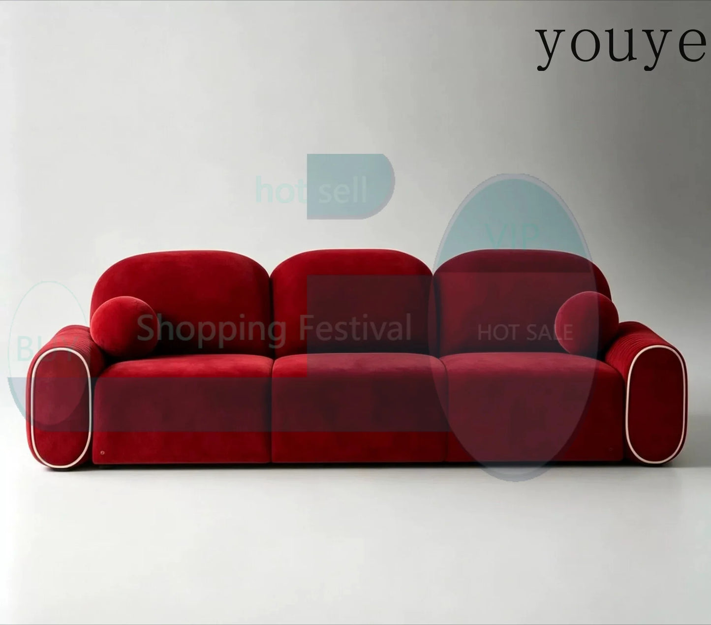 Sofa | Red Velvet | Pleated Armrests Piping | Three-Seater