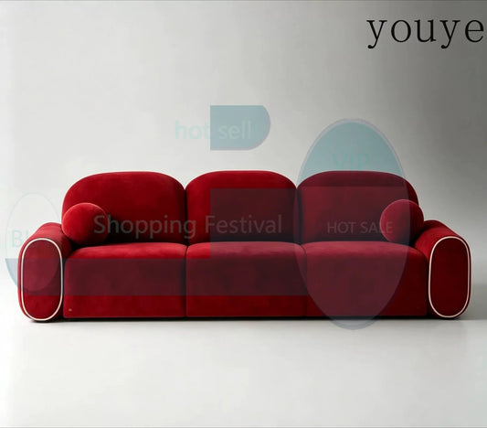 njkn French retro red velvet cloud sofa designer pleated armrest contrasting color piping living room straight three-person sofa from PriceLows™