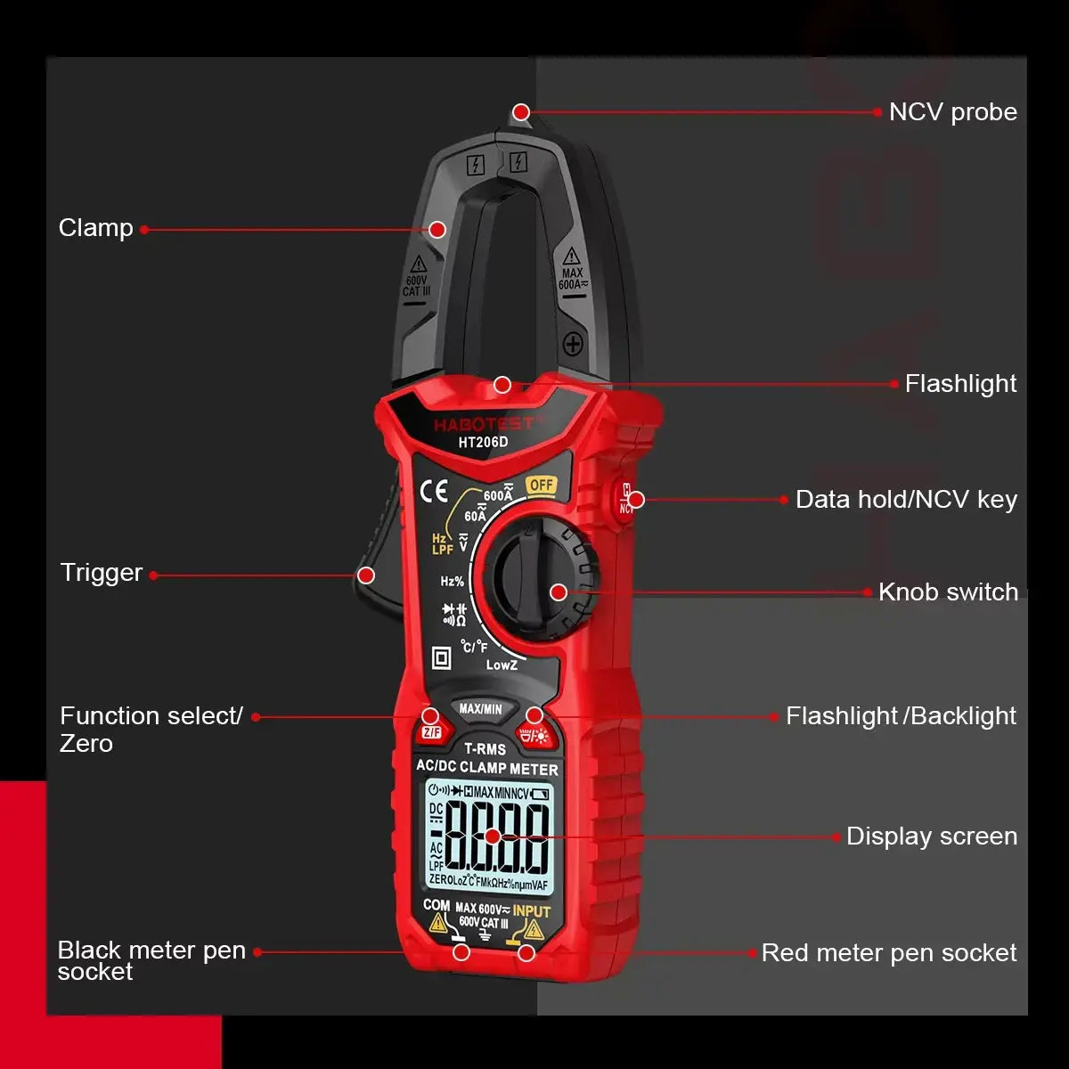 HABOTEST HT206 Clamp Meter DC/AC Current 600A Digital Clamp Meter Ammeter Voltage Tester Amp Hz Capacitance NCV Ohm Test from PriceLows™