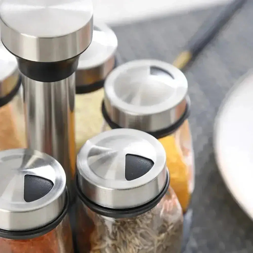 Spice Jar Set | Rotating Glass Organizer | 7 Piece Spice Jars | Kitchen Storage Rack