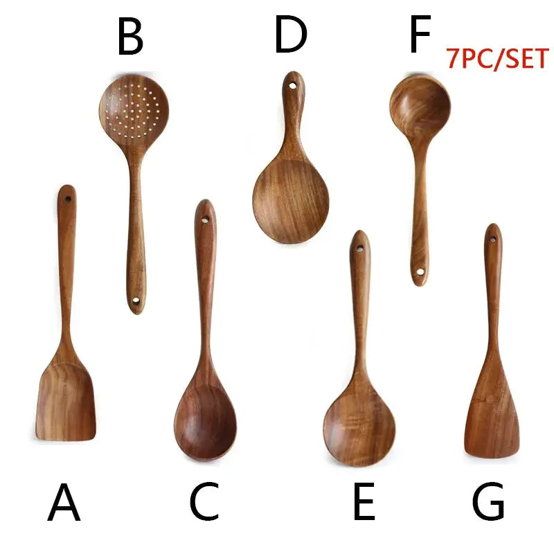 Natural Teak Cooking Spoon Scoop Kitchen Wooden Spatula Non-stick Utensils Set For Cooking With Hanging Hooks Cookware Tool from PriceLows™