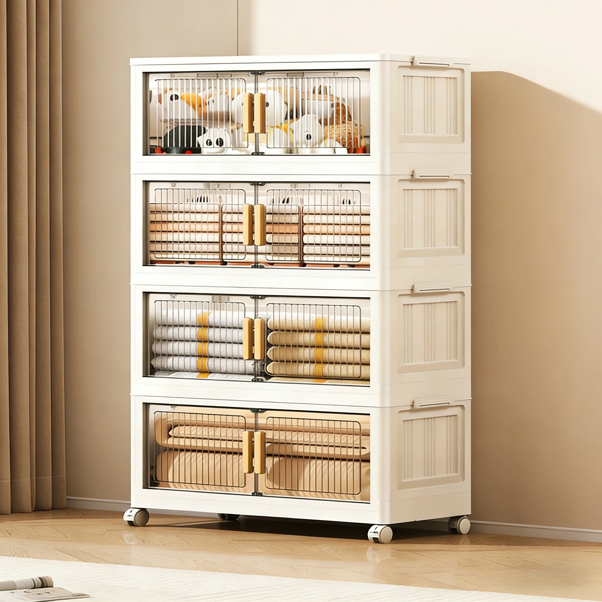 Stackable Plastic Storage Cabinet with Doors & Wheels, Large Capacity Easy-Assemble Durable Closed Bedroom Organizer from PriceLows™