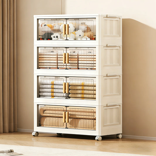 Stackable Plastic Storage Cabinet with Doors & Wheels, Large Capacity Easy-Assemble Durable Closed Bedroom Organizer from PriceLows™