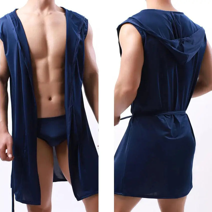 Men Hooded Bathrobe | Sleeveless Cut | Lightweight Mesh | Solid Pattern