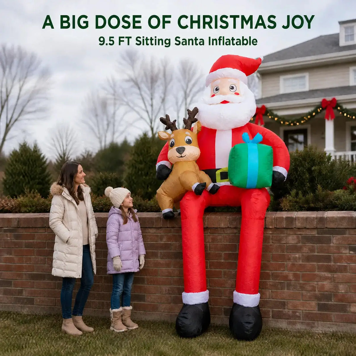Inflatable Sitting Santa | 9.5ft | Led Reindeer Pair | Yard Decor