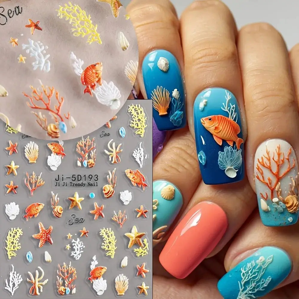 5D Embossed Ocean Nail Stickers Blue Orange Starfish Shell Coral Decals for Summer Beach Vacation Party Music Festival DIY Art from PriceLows™