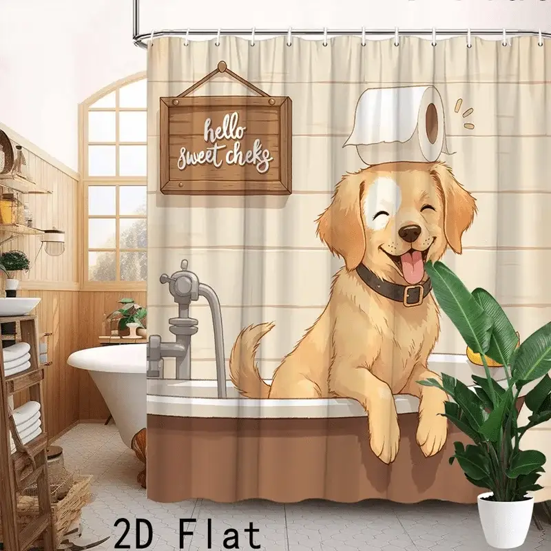 Funny Golden Retriever Shower Curtain, Cute Dog in Bathtub, Cartoon Animal Bath Decor, Waterproof Polyester Fabric Kids Bathroom from PriceLows™