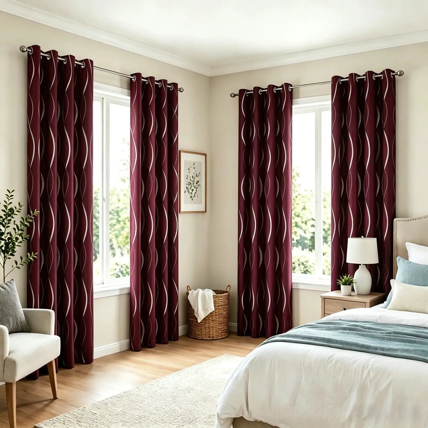 4 Panels Blackout Curtains Silver Wave Foil Design Grommet Top Window Treatment 5 Colors Available Room Darkening Thermal Insulated Indoor Outdoor Curtains from PriceLows™