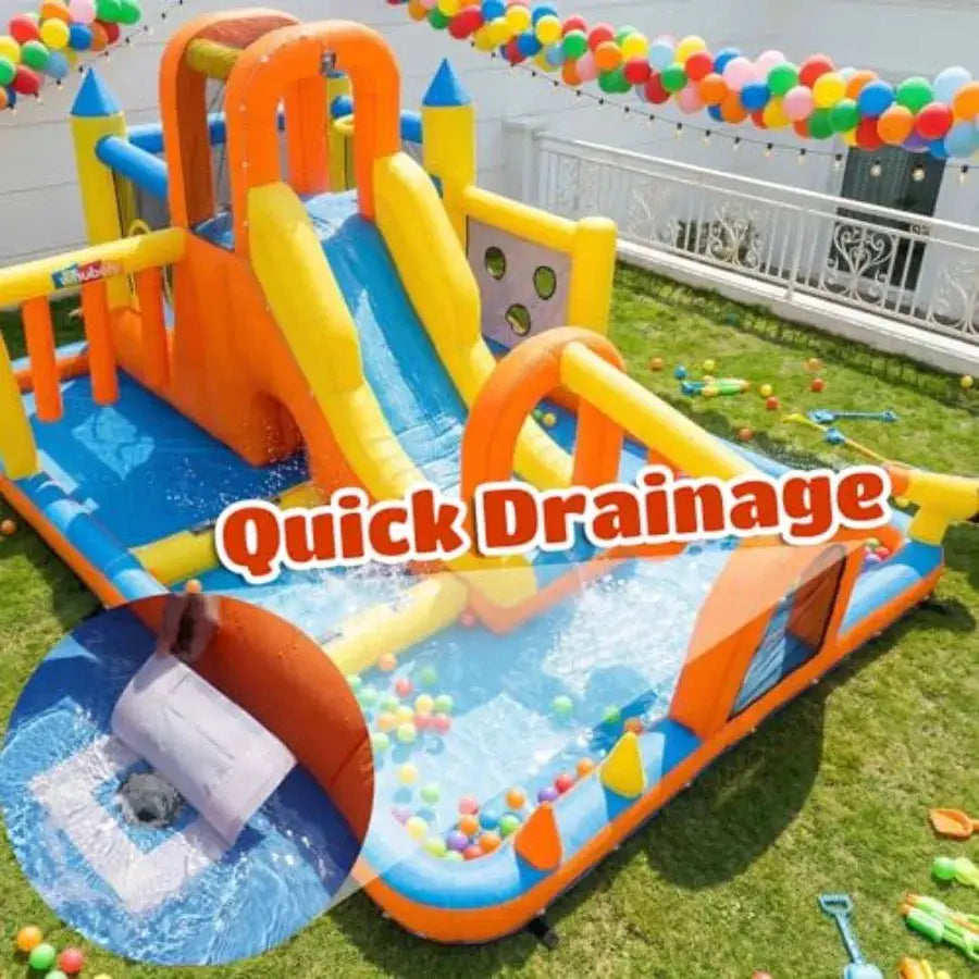 Backyard inflatable water slide bounce house for kids 3-12: 15ft mega park with long PVC slide, blue/red color, splash pool, ob from PriceLows™