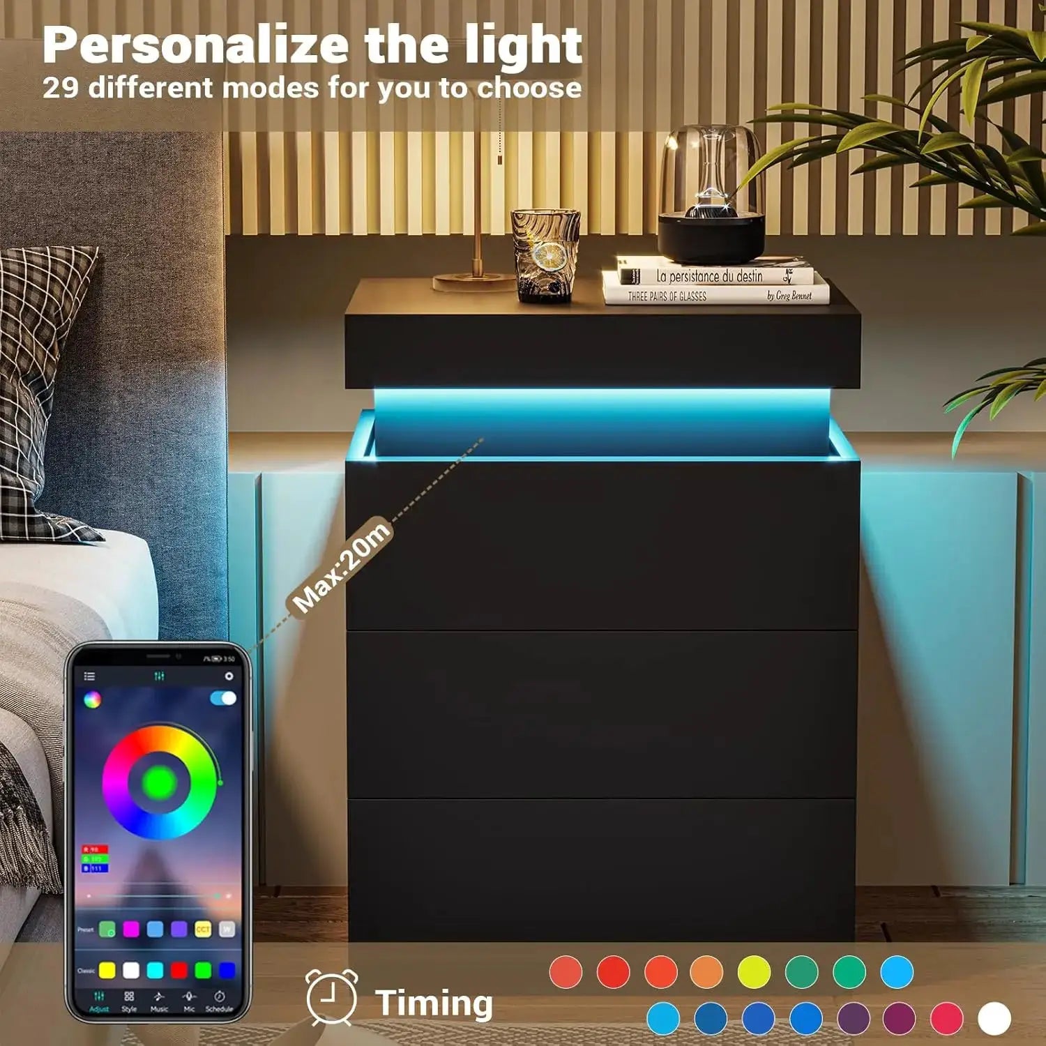 LED Nightstand with Charging Station, Sliding Top Drawer, Modern Bedside Table, Black from PriceLows™