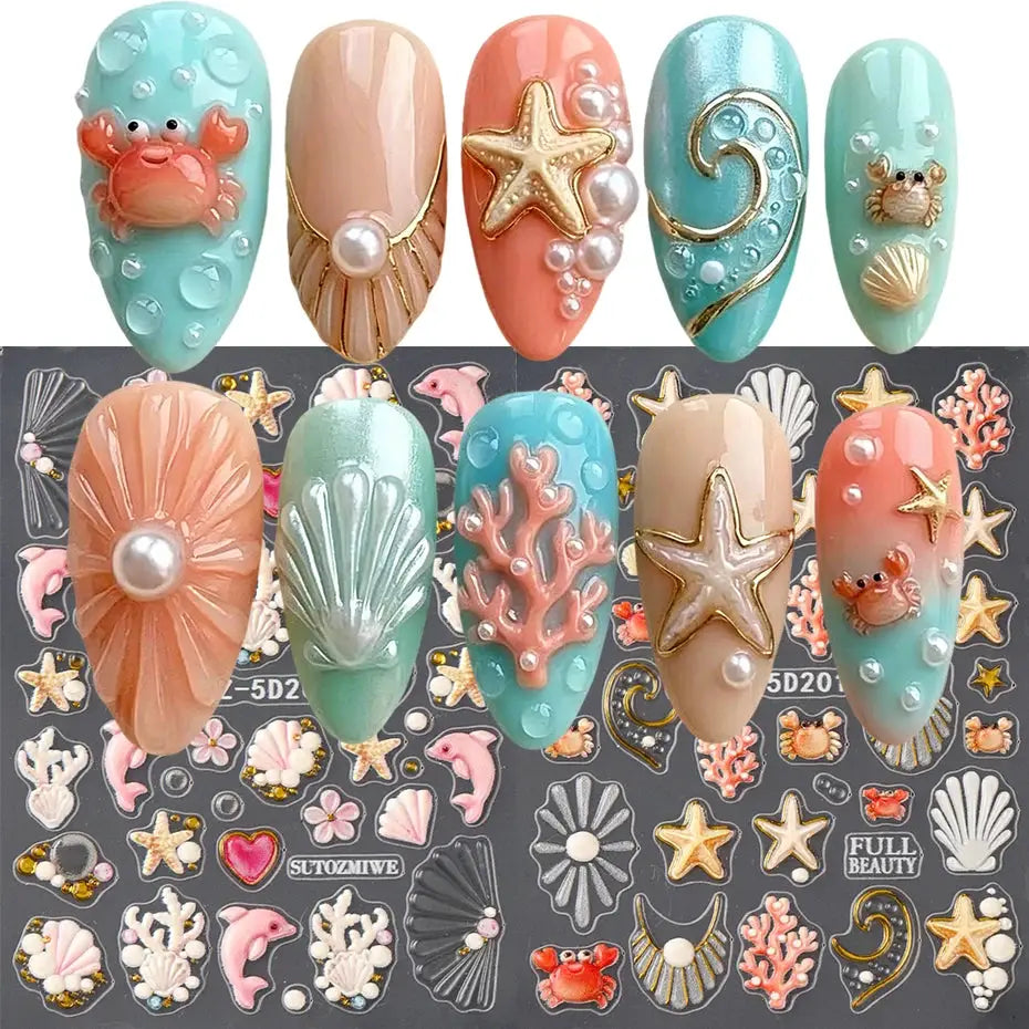 2pcs 5D Embossed Ocean Nail Art Stickers 3D Decals Starfish Coral Seashell Dolphin Crab Summer Beach Nail Decorations Manicure from PriceLows™