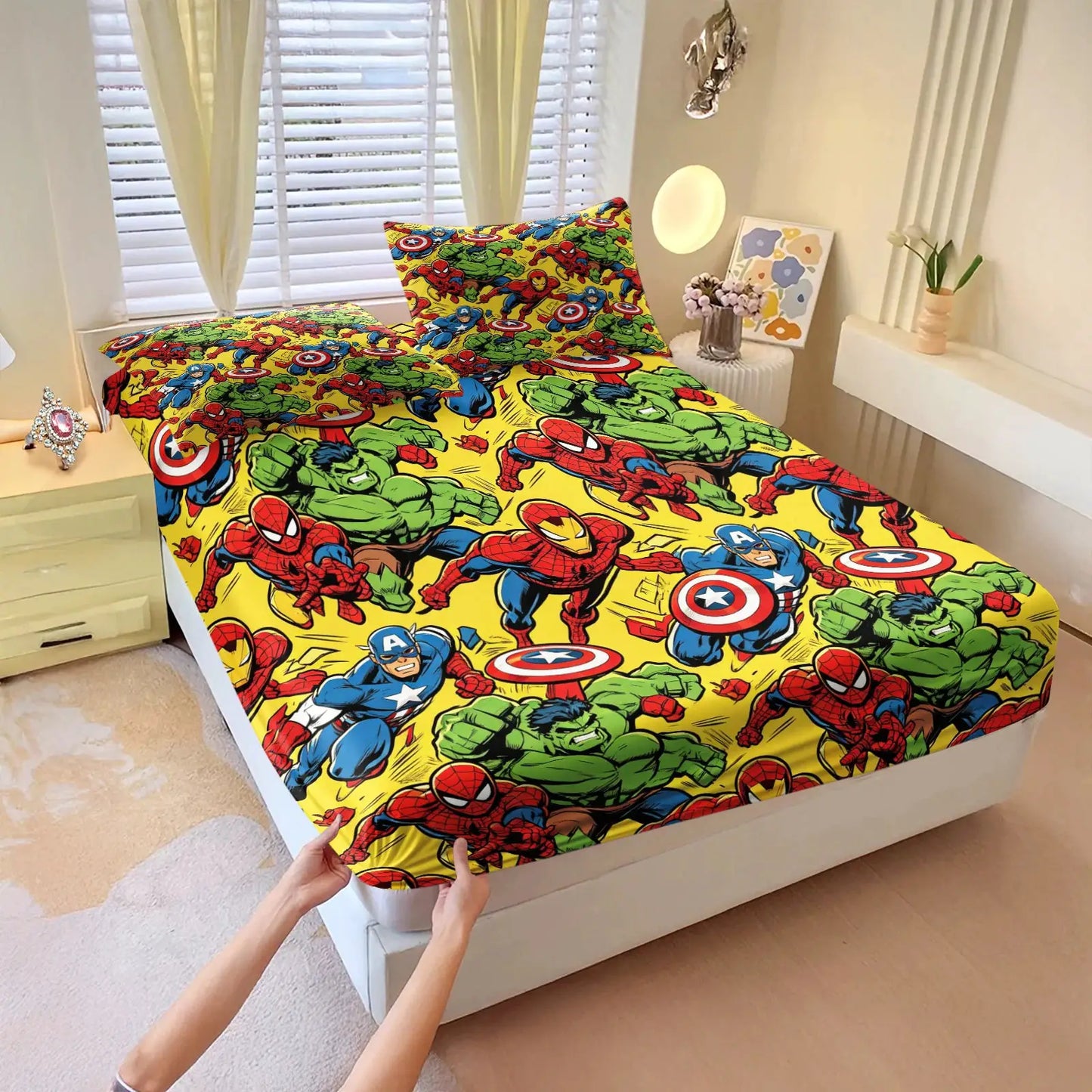 Cute Chibi Marvel Heroes Fitted Sheet Set Bed Sheet Set Bedding Set No Fillers for Teens Bedroom Living Room Decor from PriceLows™