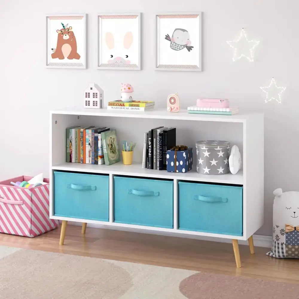 Collapsible 3-Tier Fabric Bookshelf for Kids, Multi-Cubby Wooden Storage Organizer, Playroom Display Rack in White/Blue from PriceLows™
