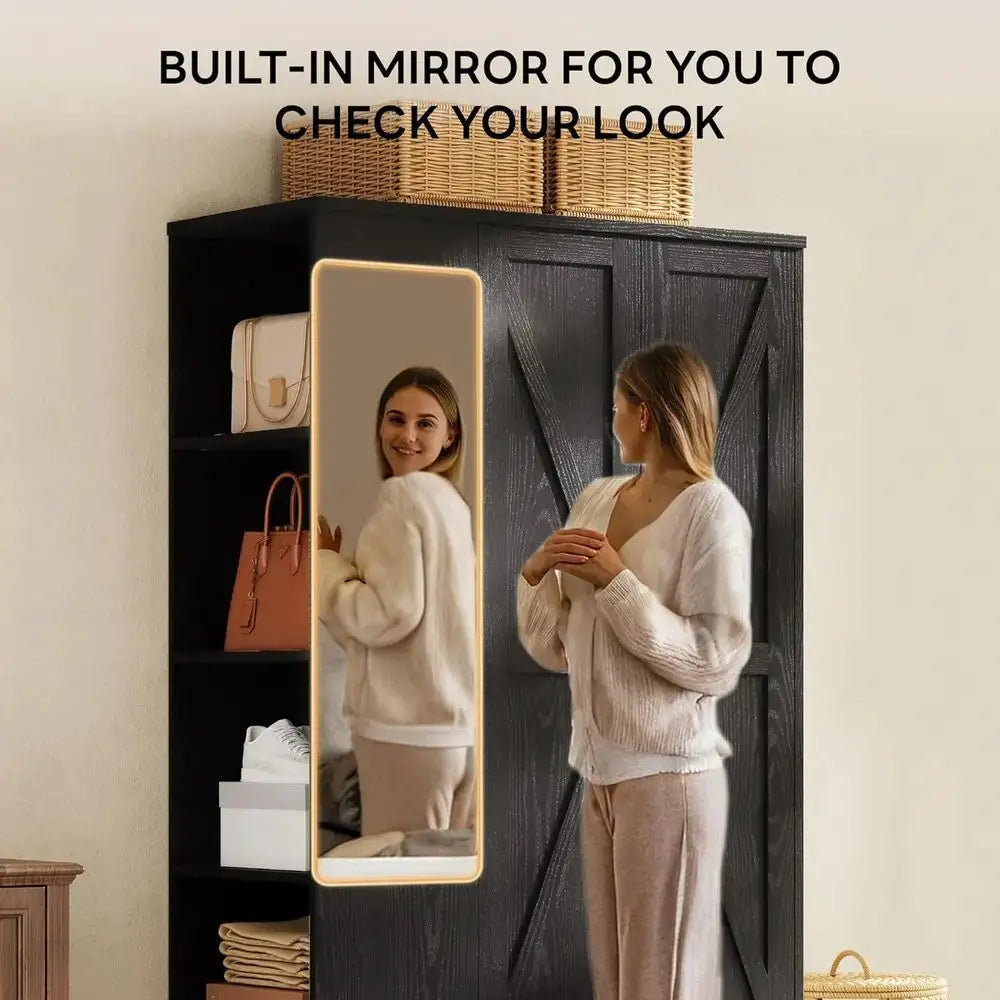 70 Large Wooden Wardrobe with Mirror, 2 Doors, Shelves & Hanging Rail for Bedroom Storage in Black from PriceLows™