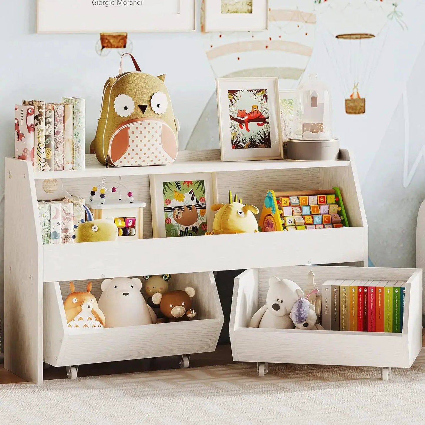 Toy Storage Cabinet with Drawers, Boys and Girls Toy Shelf with Wheels, Toy Organizer Kids Bookshelf with Storage for Nursery from PriceLows™