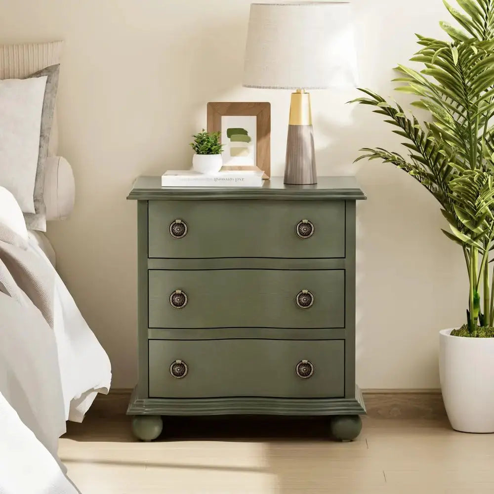 Farmhouse 3 Drawer Nightstand with Distressed Wood Finish, Rustic Vintage Small Dresser with Curved Front Design, Solid Pine Ba from PriceLows™
