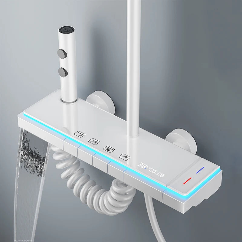 Shower System | Thermostatic Faucet | LED Display Rainfall Shower | Glass Panel