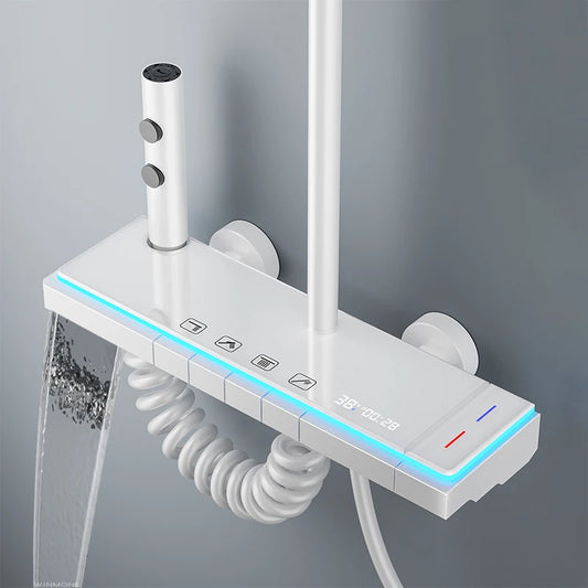 Modern Bathrooms Shower System Set Glass Panel Bathtub Rain LED Display Rainfall Shower Mixer Tap Thermostatic Faucet with Light from PriceLows™