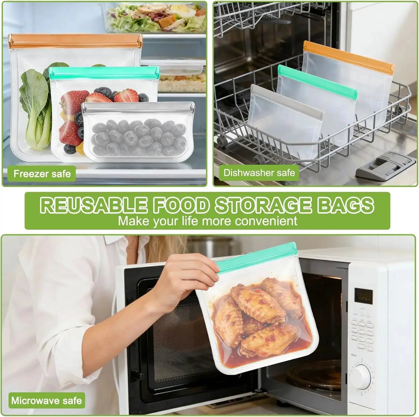 Reusable Silicone Bags | Leakproof | Freezer Safe | 4 Gal, 4 Sand, 4 Snack