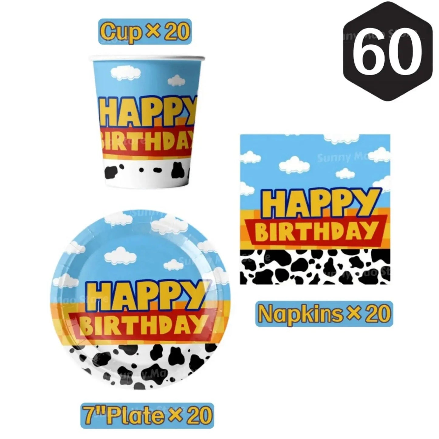 60Pcs Toy Party Supplies Set | Paper Plates Cups Napkins For 20 Guests