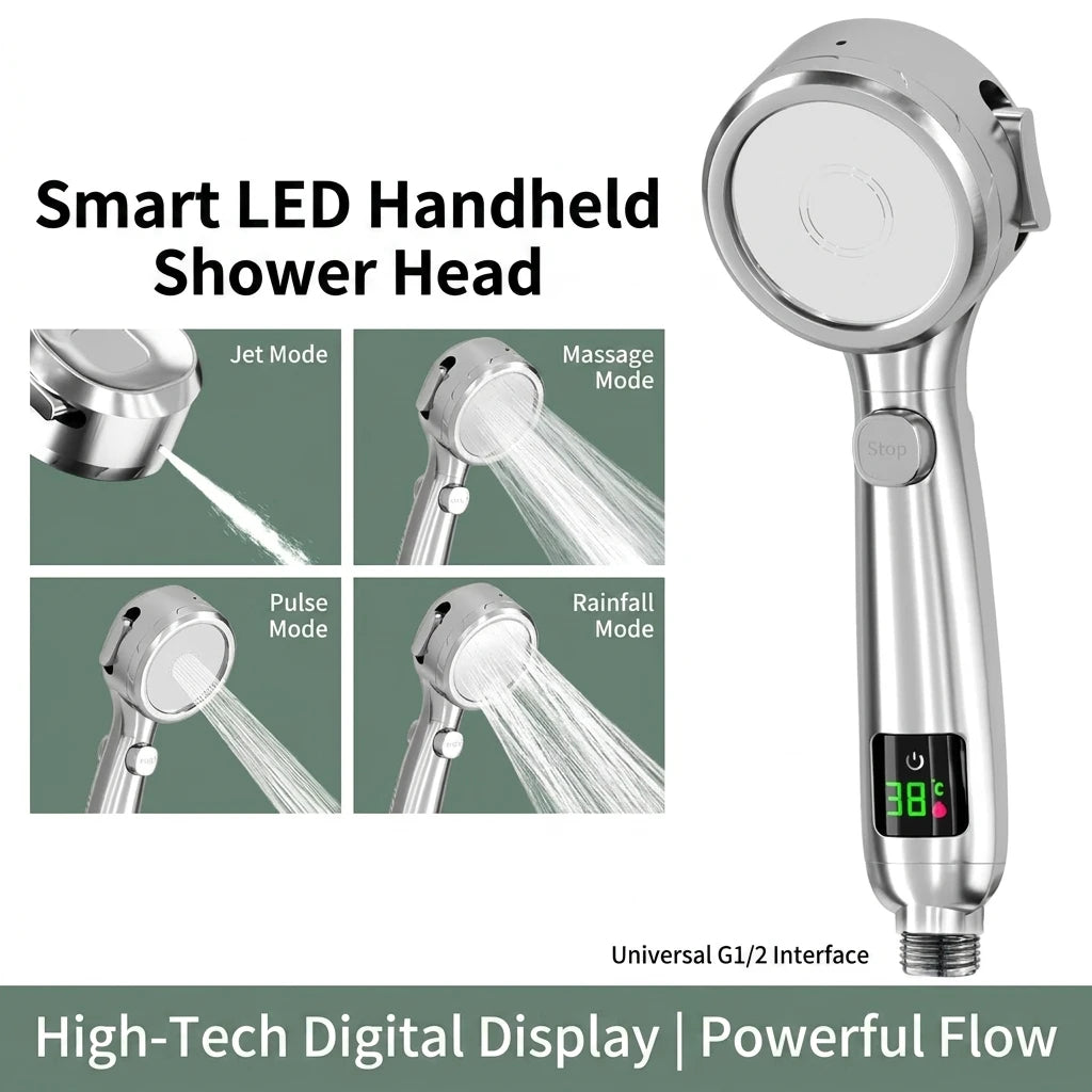 Handheld Shower Head | 4 Speed Modes | LED Temperature Display