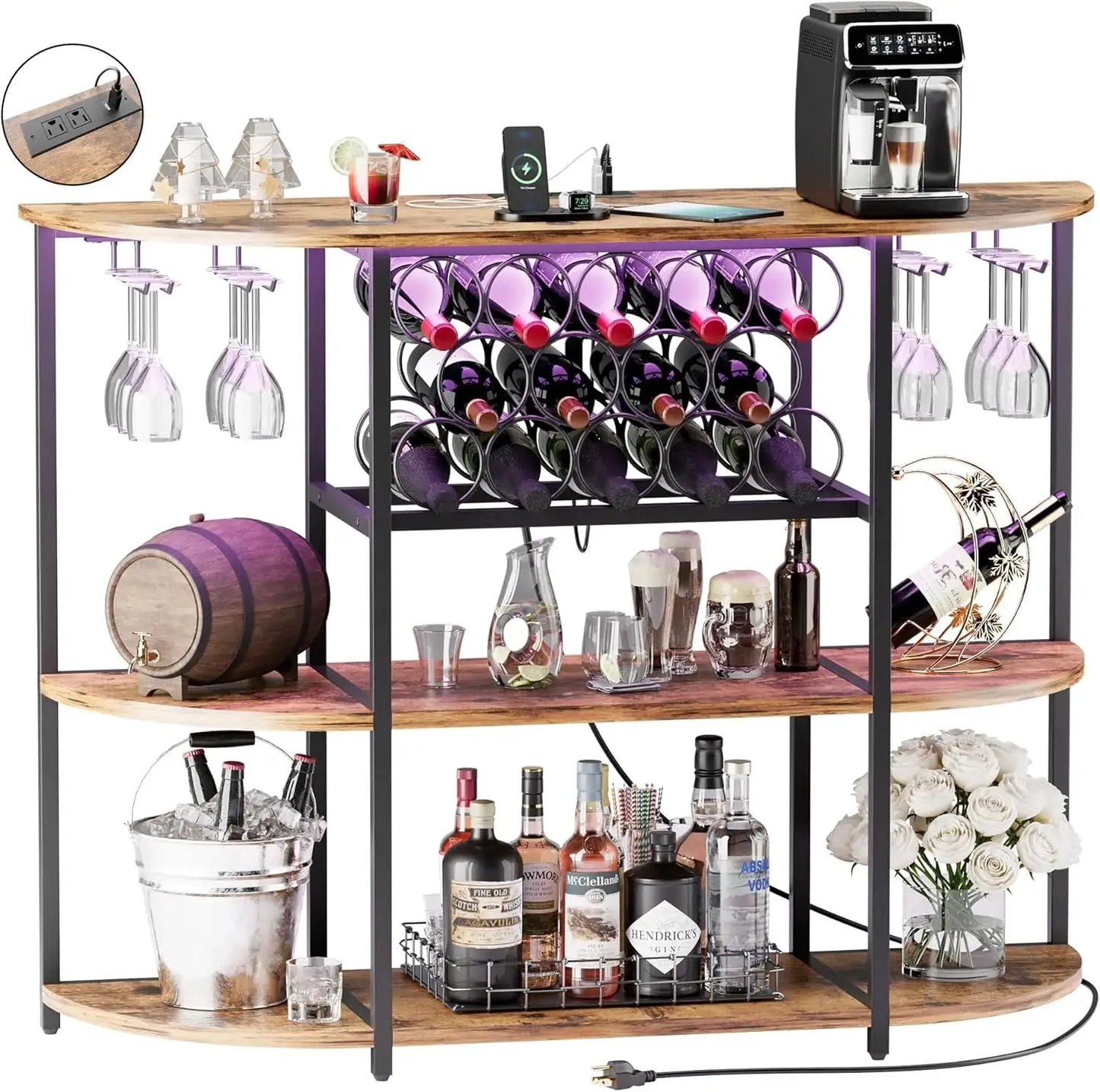 Wine Bar Cabinet with LED Lights and Power Outlets, Freestanding Liquor Cabinet Table with Glass Holder Wine Rack for Home Kitchen Dining Room from PriceLows™