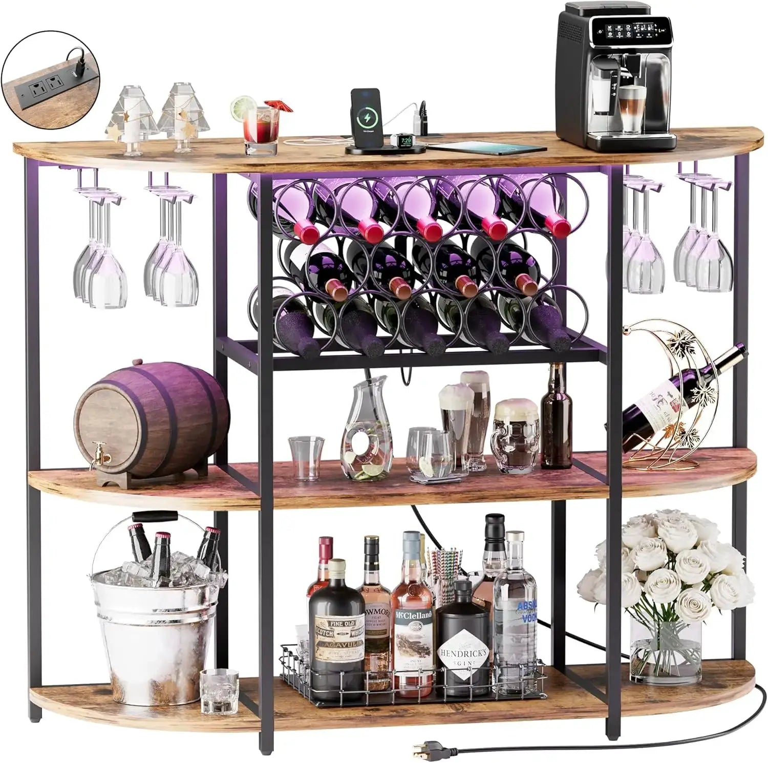 Wine Bar Cabinet with LED Lights and Power Outlets, Freestanding Liquor Cabinet Table with Glass Holder Wine Rack for Home Kitchen Dining Room from PriceLows™
