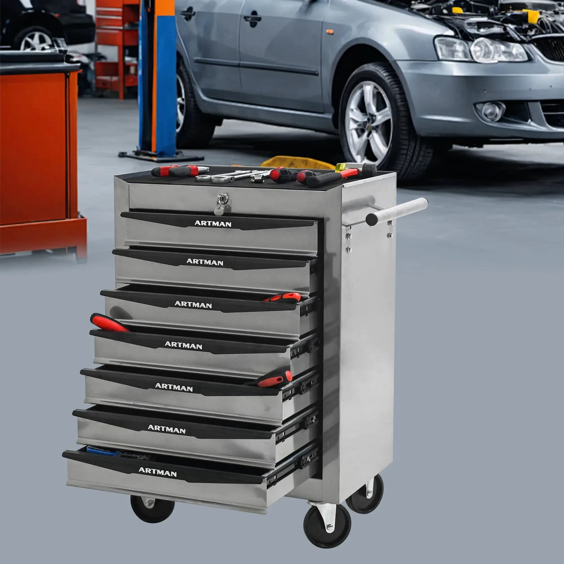 7 Drawer Rolling Tool Box Hardware Storage Tool Cabinet, Heavy Duty Steel Metal Cart, Lockable, Shop Garage NEW,black and silver from PriceLows™