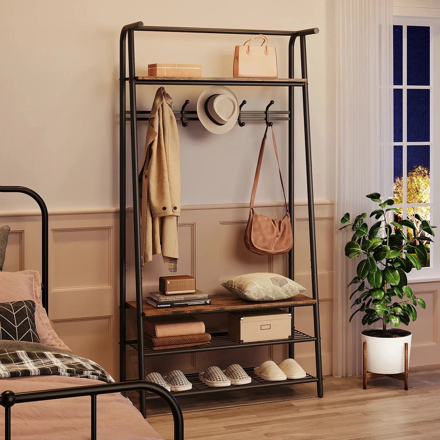 Coat Rack Shoe Bench, 4-in-1 Hall Trees Entryway Bench with Coat Rack and Shoe Rack, Steel Frame Storage Shelf and Hanging Bar from PriceLows™