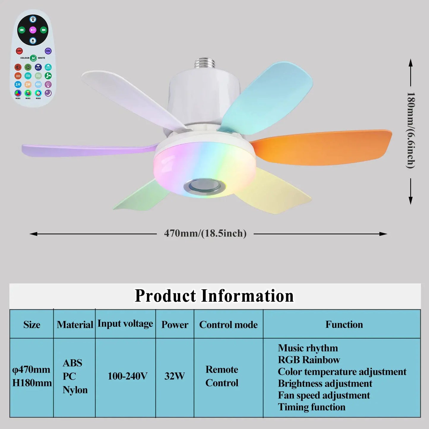 Ceiling Fan | E27 Base | RGB LED Light Bluetooth Speaker