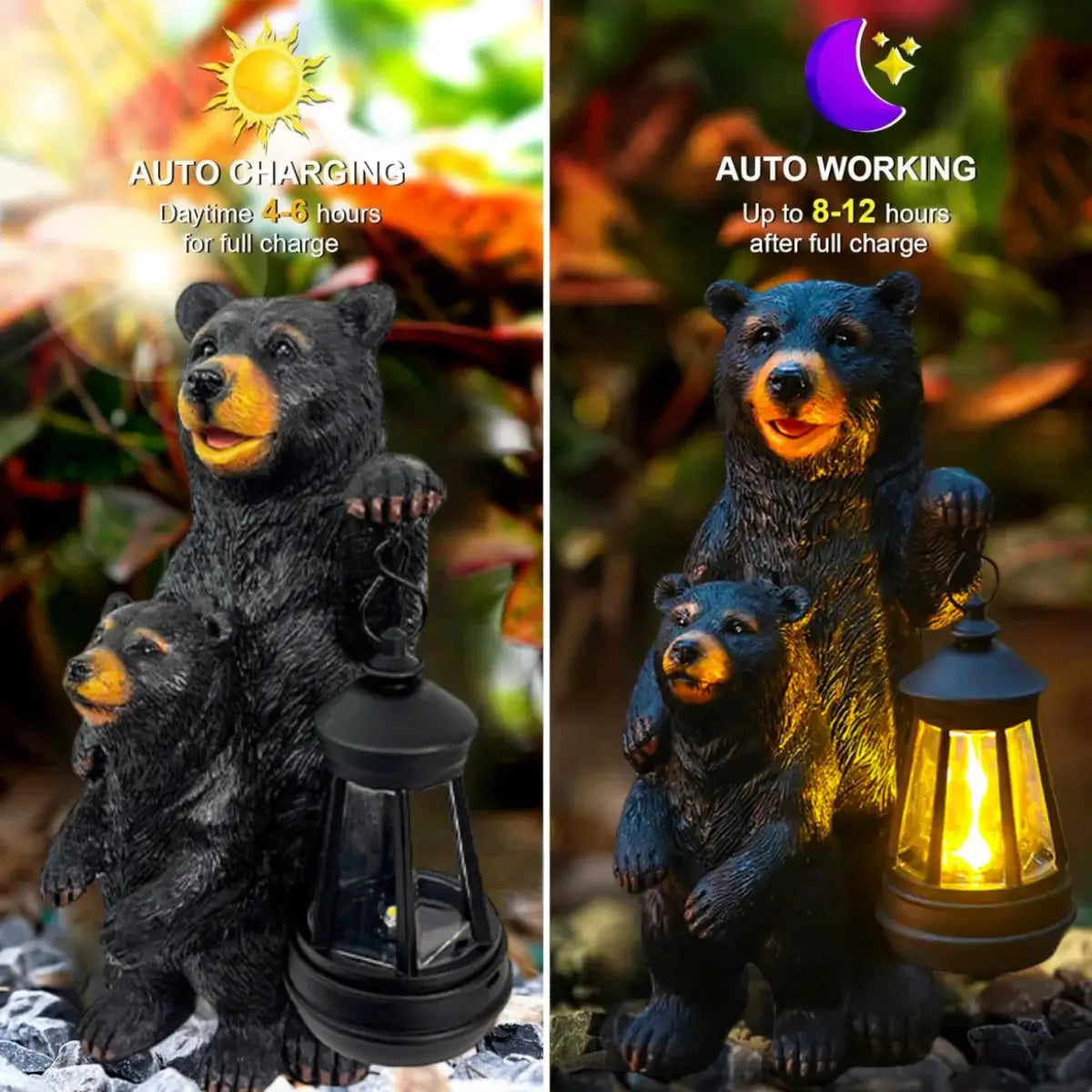 Outdoor Garden Solar Statue Light, Garden Bear Statue with Solar Lantern, Outdoor black bear mother and son lantern decoration from PriceLows™