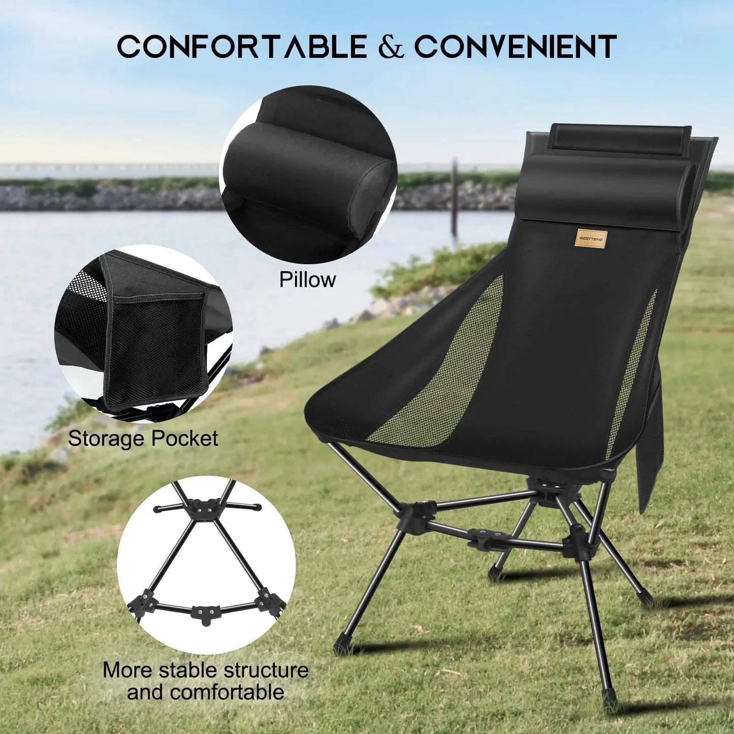 Camping Chair | Lightweight Folding | High Back With Head Support | One Size