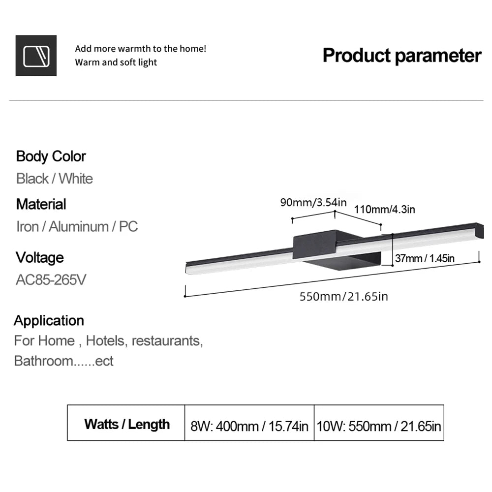 Led Wall Lamp | Bathroom Vanity Light 40cm, 55cm | AC 85-265V | Black, White