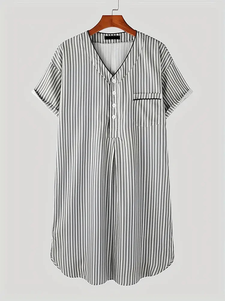 Men Short Sleeve Robe | Striped Polyester | V Neck Pattern | S-3XL Sizes