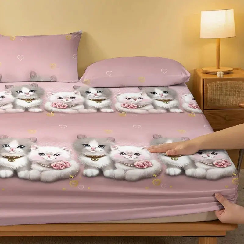 1 Cartoon Cute animal Cat printed matte Fitted Sheet, bedroom printed bed cover, bedding (excluding pillowcases) from PriceLows™