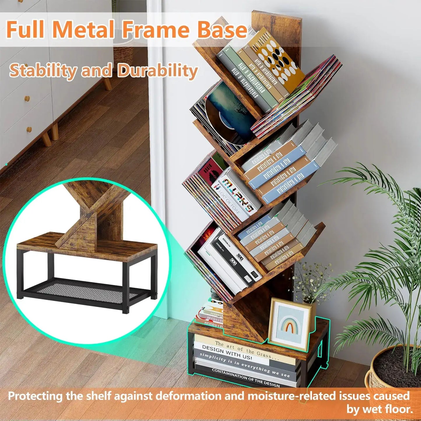 Tree Shaped Bookshelf 6 Tier Rustic Wooden Bookcase With Metal Base For Living Room Bedroom Office from PriceLows™
