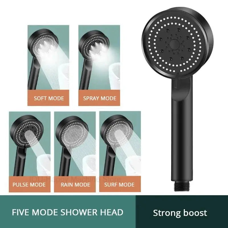 Shower Head | 5 Modes Adjustable | High Pressure Water Saving | Black