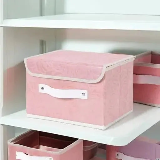 Fabric Storage Bin with Lid Rose Print Storage Box Basket with PU Leather Handles Washable PP Plastic Board Decorative Foldable Lidded Shelf Cubes Closet Organizer Container - Pink, Small Size from PriceLows™