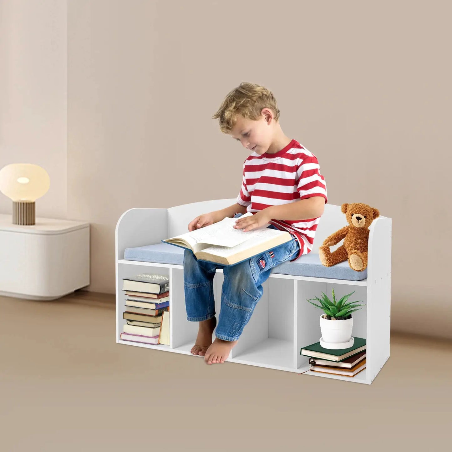 Kids Bookshelf with Reading Nook - Soft Cushioned Corner Bench, 5-Tier Book Display & Storage Organizer, Space-Saving Bookcase from PriceLows™
