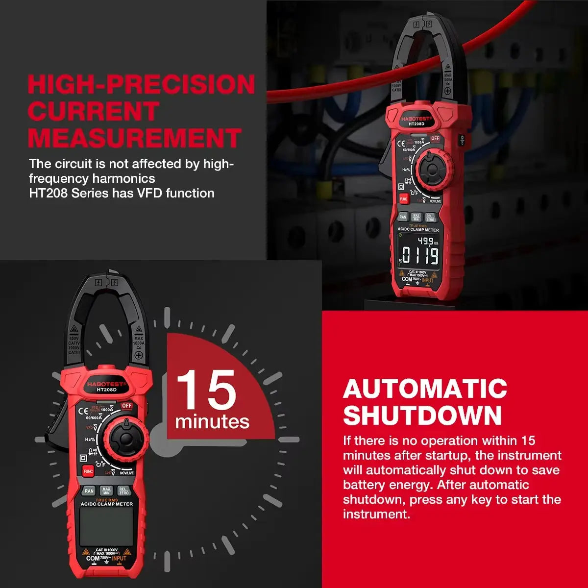 HABOTEST HT208 Clamp Meter 1000A 1000V AC DC True RMS Digital Clamp Meter Amperimetrica Capacitance Temperature Ohm Hz Tester from PriceLows™