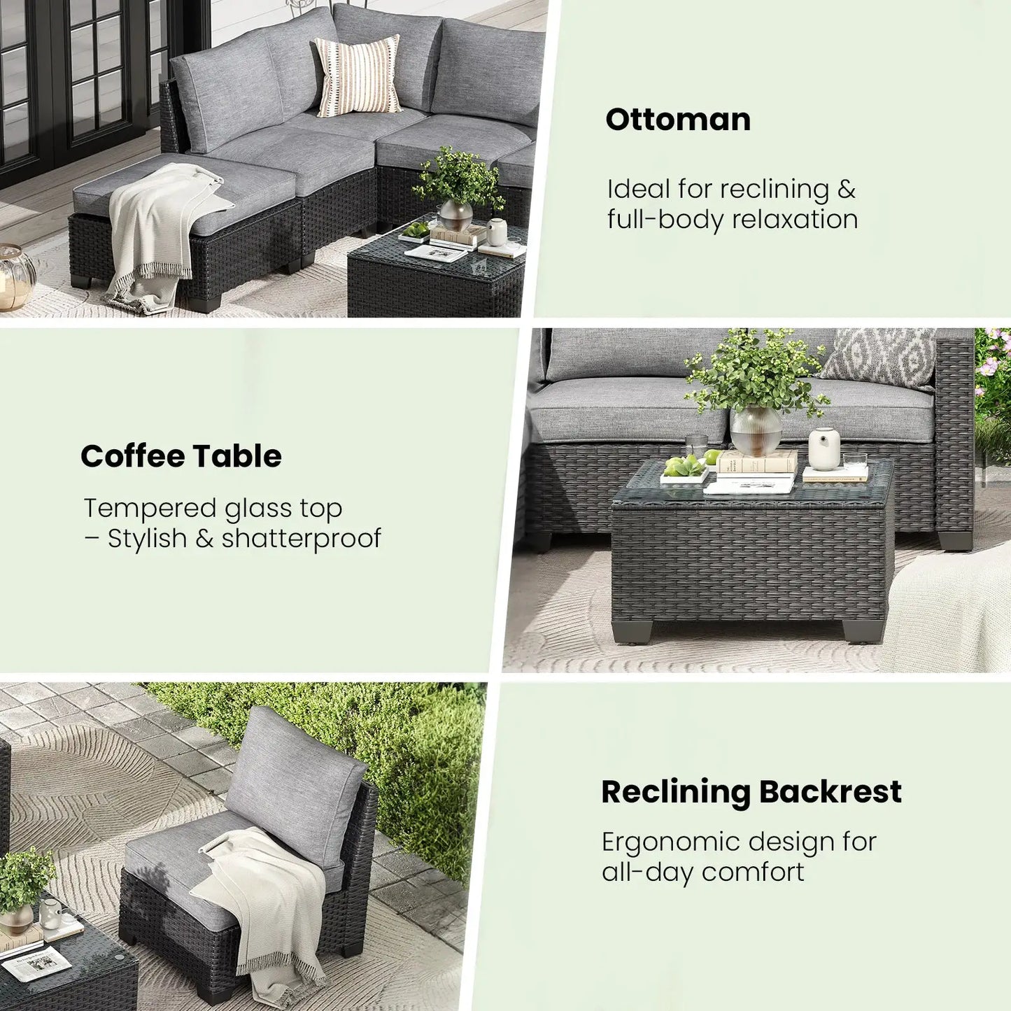 Farini Patio Sectional Sofa Set, Outdoor Furniture with Ottoman, Water/Oil/Stain-Resistant Fabric, Dark Gray Cushion + Gray Wick from PriceLows™