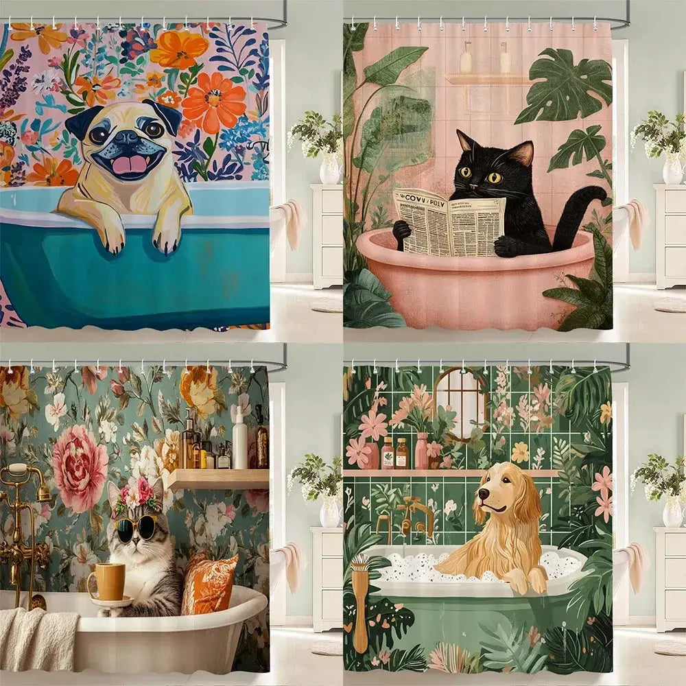 Nordic style Flowers Leaves Animals Shower Curtain Cat and Dog Printed Bathroom Bath Curtain Home Decoration Curtain With Hooks from PriceLows™