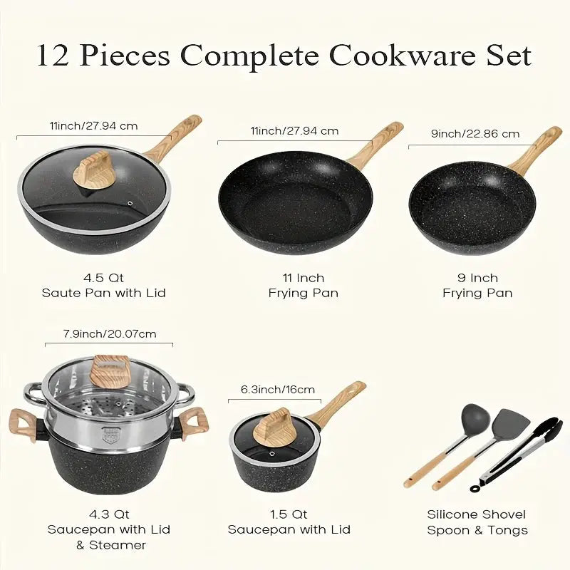 12pcs Pots And Pans Set, Non-Stick Kitchen Cookware Set, Cookware Black Granite Cooking Set with Frying Pan, Crock Pot, Steamer from PriceLows™