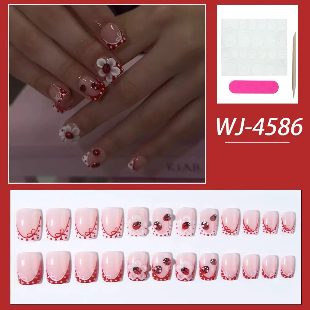 24 pieces per set. Rectangular 3D gel flower polka dot ladybug red French nail art stickers. Summer nail set. from PriceLows™