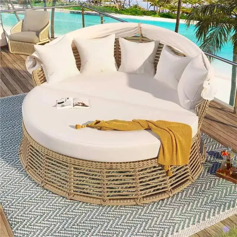Outdoor Patio Rattan Round Daybed with Retractable Canopy Wicker Furniture Round Poolside Sofa Sunbed with Removable Cushions (B from PriceLows™
