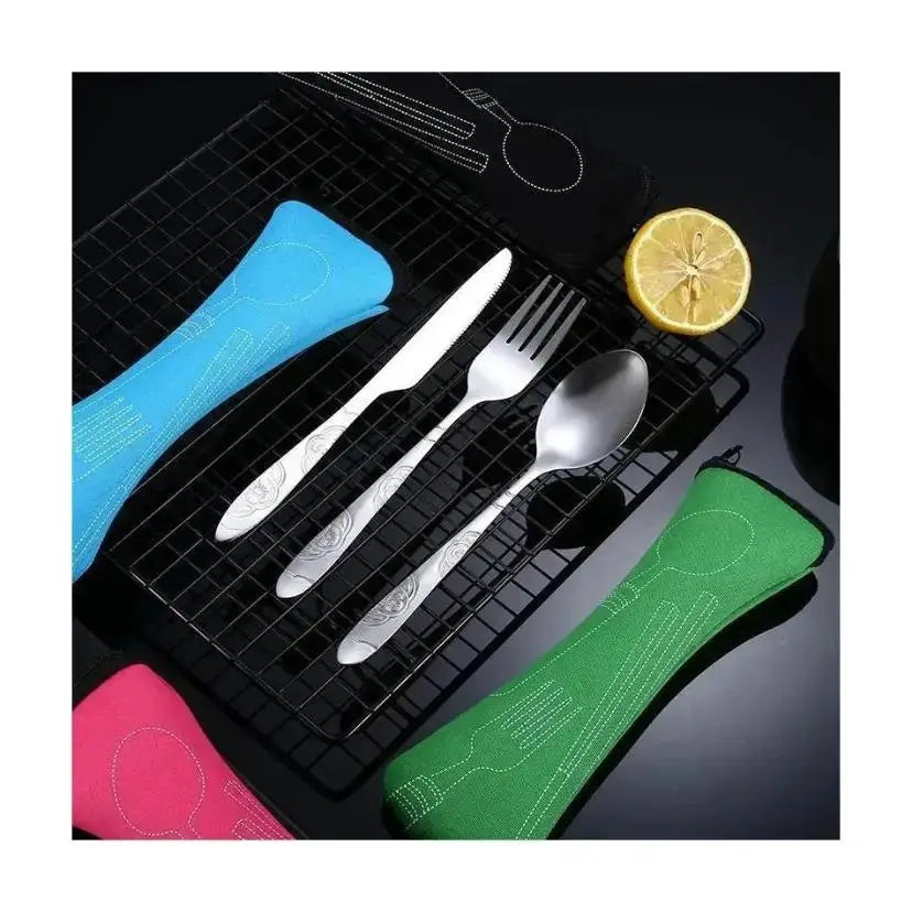7/3 Pcs Stainless Steel Outdoor Camping Tableware Set Of Pieces Western Food Steak Knife Fork Spoon Creative Cloth Bag Portable from PriceLows™