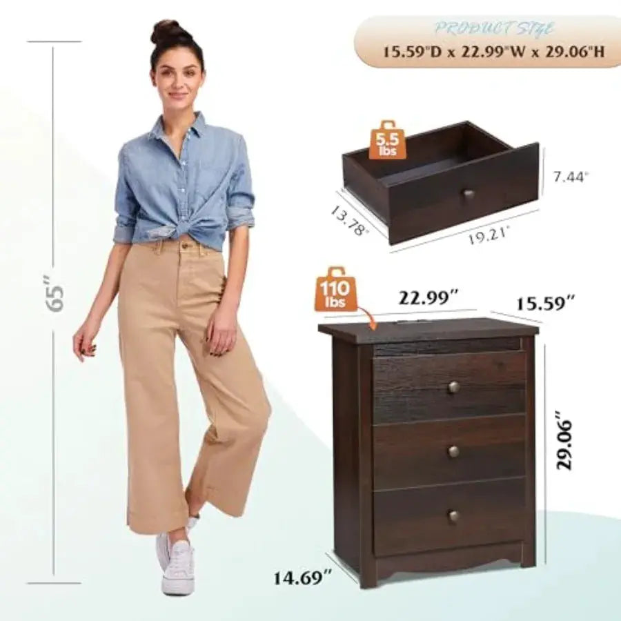 Tall Nightstand with Charging Station, Wood Night Stand with 3 Drawers Storage, Bedside Table End Side Tables with 2 USB Ports from PriceLows™