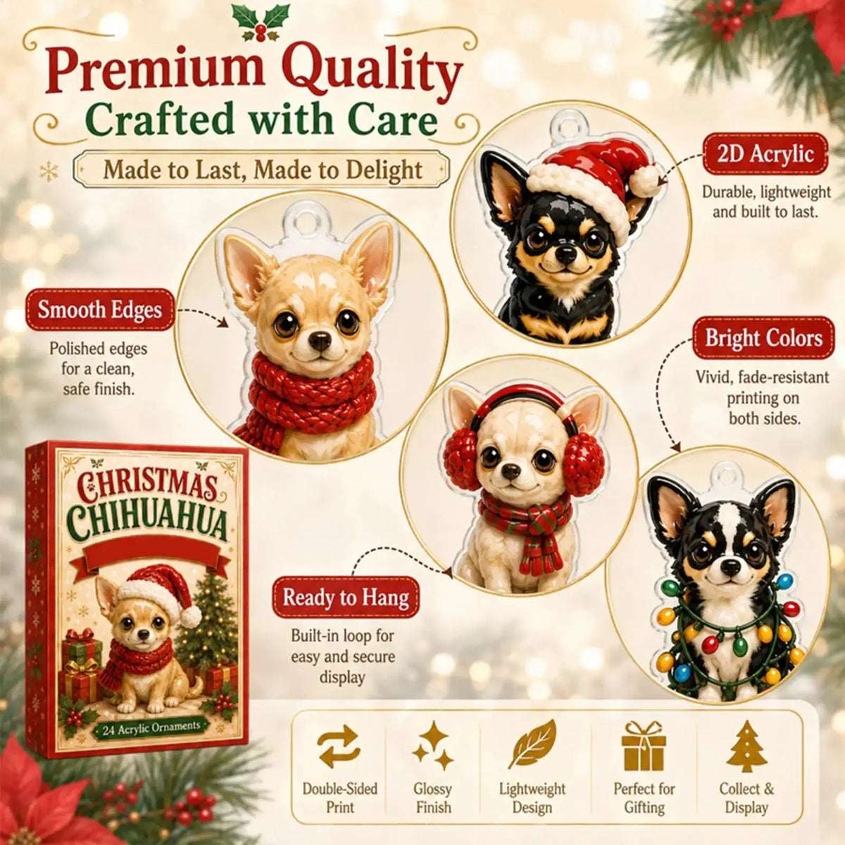 Chihuahua Advent Calendars | 24 Day Countdown | Flat Acrylic | Ornament Set