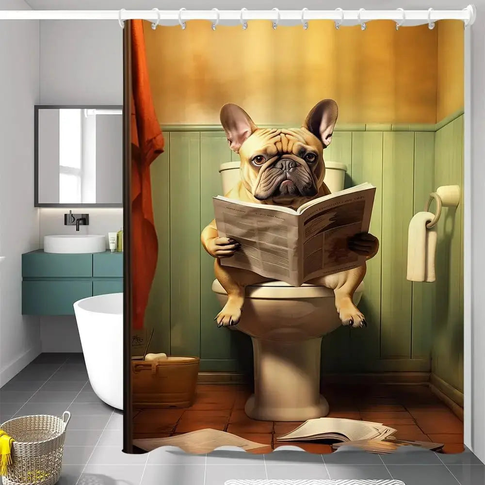 Funny Boxer Dog Bath Shower Curtain,Cute Dogs Reading Newspaper on Toliet Bathroom Curtain Washable Cloth Kids Shower Curtain from PriceLows™